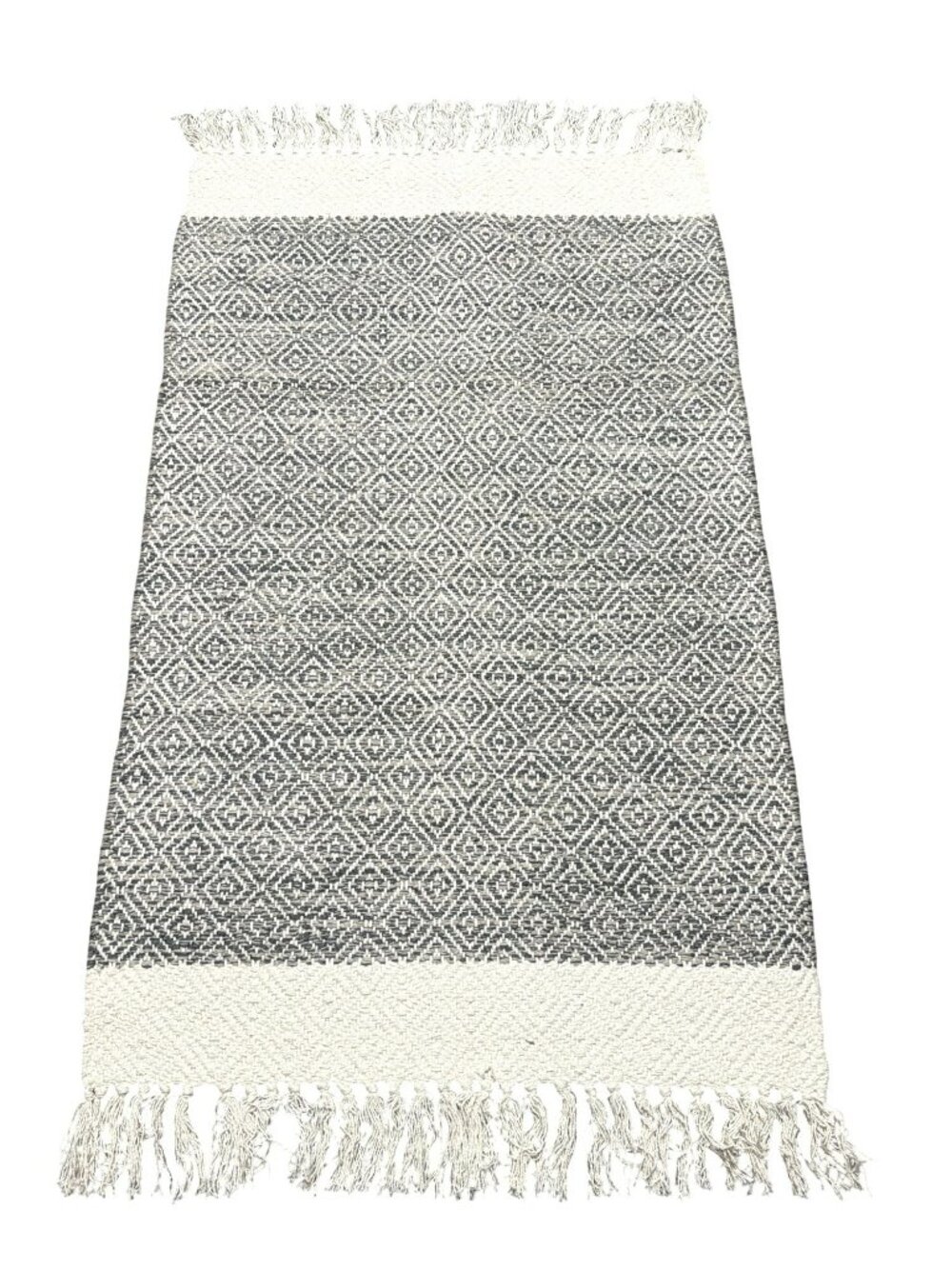 Handwoven Cotton Area Rug  Geometric Diamond Fringe 27" X 52" Gray & Cream